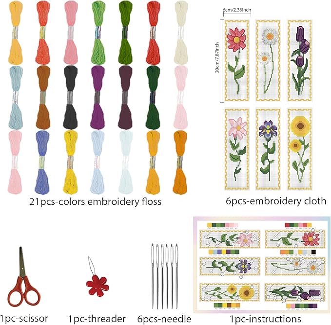 FREEBLOSS 6 Set Cross Stitch Bookmark Kit - Vivid Flowers Designed Stamped Embroidery Bookmark with Instruction - Cross Stitch Kits for Adults - 8''x2.4''