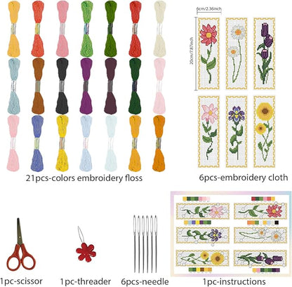 FREEBLOSS 6 Set Cross Stitch Bookmark Kit - Vivid Flowers Designed Stamped Embroidery Bookmark with Instruction - Cross Stitch Kits for Adults - 8''x2.4''