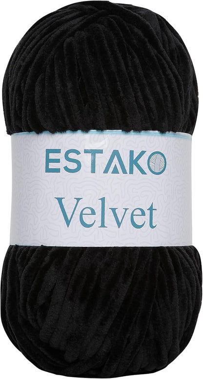 Estako Velvet Chenille Blanket amigurumi Yarn for Crocheting and Knitting Super Bulky 100 gr (132 yds) (1810 - Black)