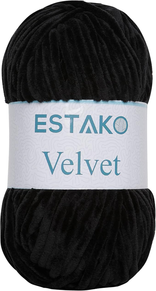 Estako Velvet Chenille Blanket amigurumi Yarn for Crocheting and Knitting Super Bulky 100 gr (132 yds) (1810 - Black)