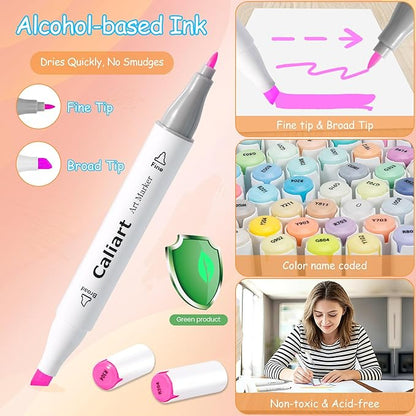 Caliart Pastel Markers, 61 Colors Dual Tip Art Markers Sketch Pens Permanent Alcohol Based, with Case for Adults Artists Drawing Illustration Sketching Coloring