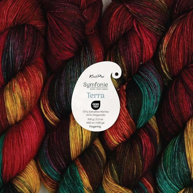 KnitPro Symfonie Hand Dyed Yarn | Extra Fine Merino Wool & Polyamide Blend for Knitting & Crocheting, Fingering Weight, Oeko-TEX Certified 400m, 100g Skein | Terra Variegated Harvest Vine