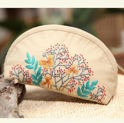 FONNUY Embroidery Kit Makeup Bag for Beginners, Flowers Pre-Stamped Pattern Handbag Coin Purses Making Kits for Adults with Hoop, Easy to Follow Color Thread Needlework (Beige)