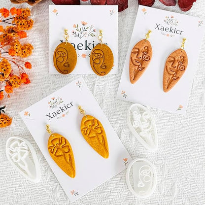 Xaekicr Abstract Face Polymer Clay Cutters Set – 3PCS Clay Earring Cutters with Floral Line Design – Embossed Polymer Clay Molds for DIY Jewelry and Crafts