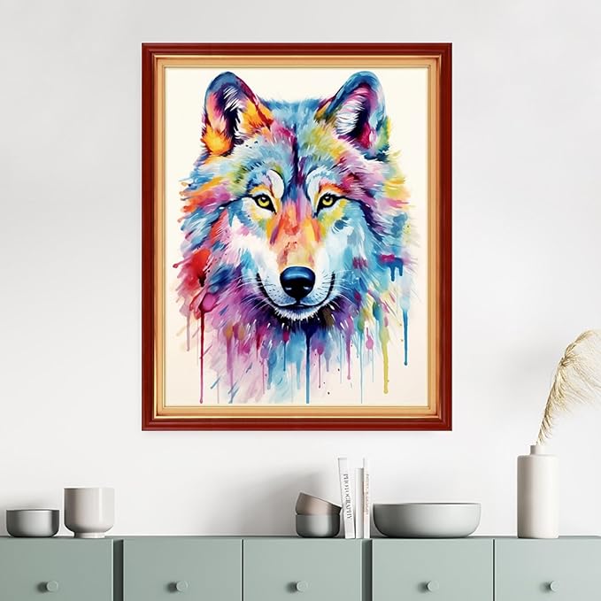 Dimensean Stamped Cross Stitch Kits Full Range of Embroidery Patterns Starter Kits for Beginners Adult DIY Cross Stitches Needlepoint Kits 11CT-Rainbow Wolf 16x20 inch