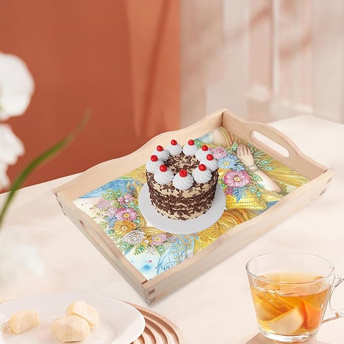 JISHSHAY Fairy Elf Diamond Art Serving Tray Diamond Painting Food Tray Gem Art Serving Platter Gem Painting Mosaic Kits for Adults DIY Kits for Adults, with Wood Handle 20×30cm/7.87×11.81in