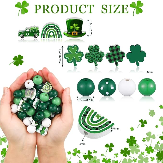 200 Pieces St. Patrick's Day Wood Beads Green Wood Spacer Round Beads St. Patrick's Day Wooden Craft Kits for DIY Crafts Garland Home Party Decor Ornaments (Shamrocks Style)