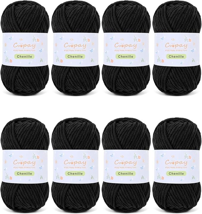 Coopay Chenille Yarn for Crocheting/Knitting, 8 Pack Medium Worsted Weight Yarn of 50g/1.76oz - Total 520yd, Soft Velvet Crochet Yarns for Plush Toys, Baby Blankets, Scarves (Black)