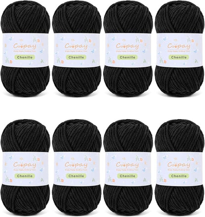 Coopay Chenille Yarn for Crocheting/Knitting, 8 Pack Medium Worsted Weight Yarn of 50g/1.76oz - Total 520yd, Soft Velvet Crochet Yarns for Plush Toys, Baby Blankets, Scarves (Black)