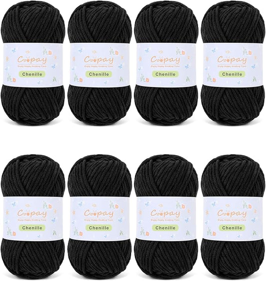 Coopay Chenille Yarn for Crocheting/Knitting, 8 Pack Medium Worsted Weight Yarn of 50g/1.76oz - Total 520yd, Soft Velvet Crochet Yarns for Plush Toys, Baby Blankets, Scarves (Black)