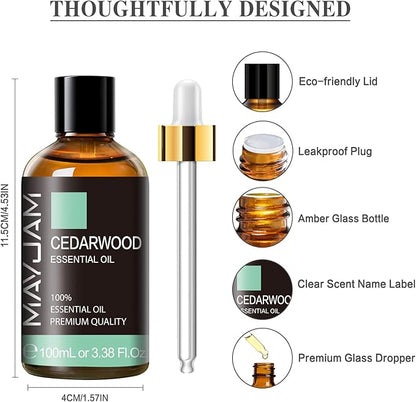 Cedarwood Essential Oil 100ML/3.38FL.OZ, MAYJAM Premium Grade Cedarwood Oil Essential Oils with Glass Dropper, Great for Aromatherapy Diffuser and DIY Soap Making