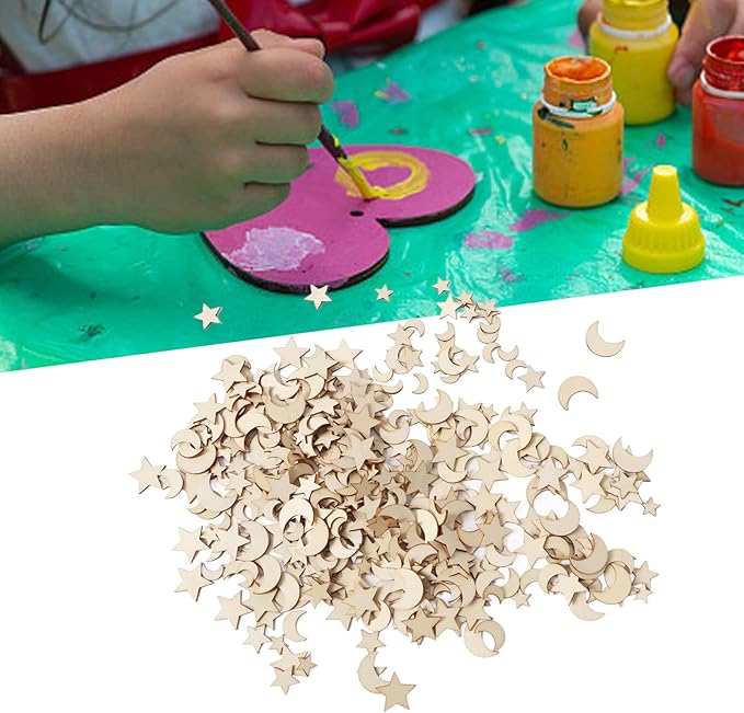 1000Pcs Wood Moon Star Cutout Slices Unfinished Star and Moon Shape Wood Cutouts for DIY Craft
