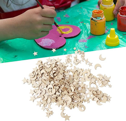 1000Pcs Wood Moon Star Cutout Slices Unfinished Star and Moon Shape Wood Cutouts for DIY Craft