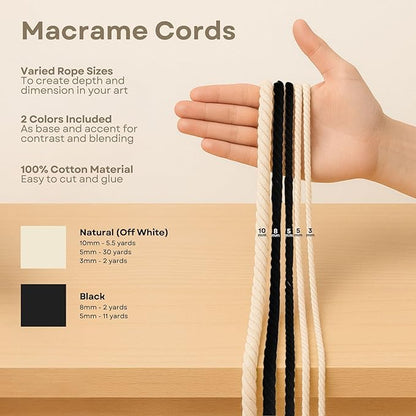 Macrame Kit for Beginners - DIY Rope Canvas Wall Art Kit with Ropes Supplies & Tools | DIY Macrame Art Wall Hanging Decor Starter Set, Craft Kits for Adults, Boho Aesthetic Home Decoration (Black)