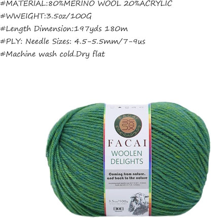 Facai Blend Merino Wool Yarn for Knitting - Worsted Weight,197yds (3.5oz) Ball, Ideal for Sweaters, Scarves, and Accessories (3, Grass Green)