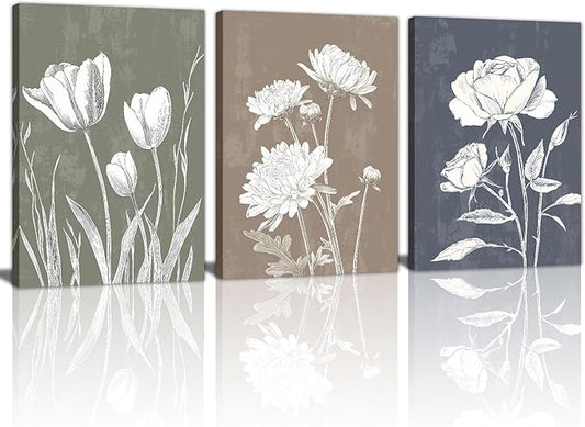 3 Pcs Boho White Flowers Botanical Canvas Wall Art Wooden Rustic Minimalist Farmhouse Floral Wall Paintings Vintage Blossom Picture Artwork Wall Decor for Bedroom Living Room Reay to Hang 12"x16"x3