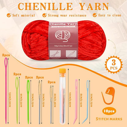 LUNARM Chenille Yarn for Crocheting Knitting, 3 Skein 263 Yard Thick Soft Chunky Fluffy Weaving Plush Yarn for Blankets Clothes Pattern Creations with Big Eye Needles (Red)