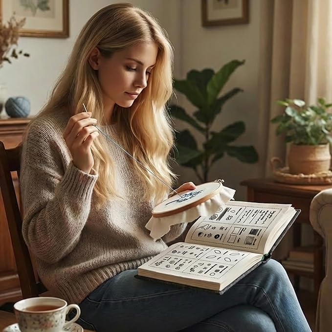 JUADMQC Upgraded Embroidery Stitch Book Kit for Beginners – DIY Hand Stitching Practice Sampler Complete Needlepoint Starter Set with Hoop, Threads & Canvas Pages Relaxing Art Craft Gift for Adults