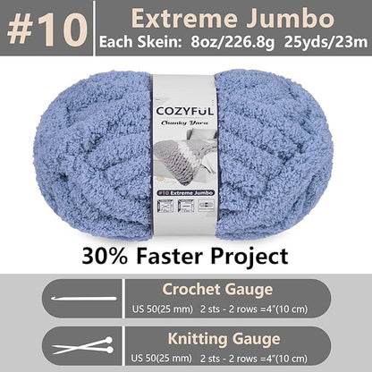 Chunky Yarn for Hand Knitting - #10 Chunky Chenille Yarn, Jumbo Big Thick Chunky Yarns for Crocheting, Super Bulky Chunky Knit Blanket Yarns, 8 Skein (25 yds 8 oz Each Skein), Blue Gray