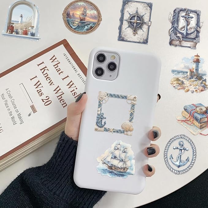 50 PCS Vintage Nautical Clear Scrapbook Stickers – Retro Ocean Sailing Decals with Anchors, Ships, Lighthouses, Helm Wheels, Maps & Marine for Journaling, Crafting, Scrapbooks, Planners & DIY Decor