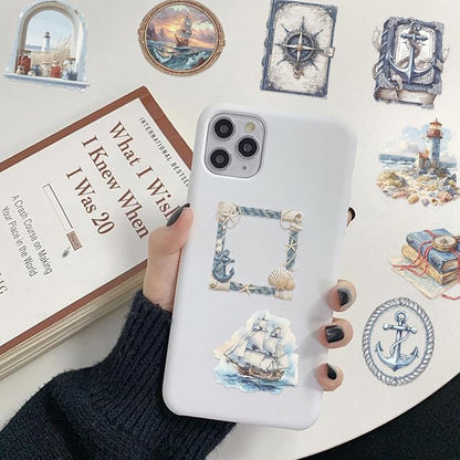 50 PCS Vintage Nautical Clear Scrapbook Stickers – Retro Ocean Sailing Decals with Anchors, Ships, Lighthouses, Helm Wheels, Maps & Marine for Journaling, Crafting, Scrapbooks, Planners & DIY Decor