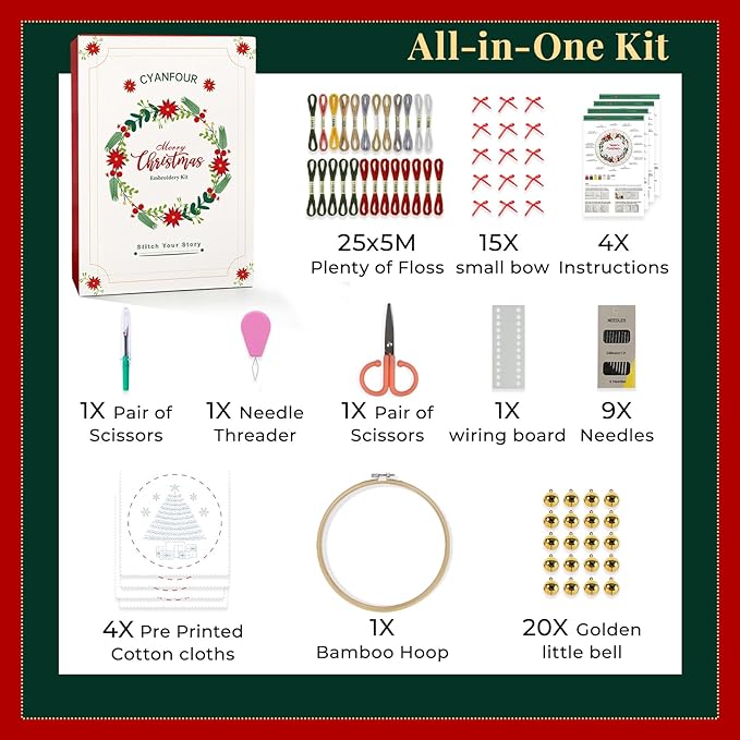CYANFOUR 4 Pack Christmas Embroidery Kit for Beginners, with Step-by-Step Instructions and Clear Videos, Includes Multiple Accessories, Gift for Craft Lovers.