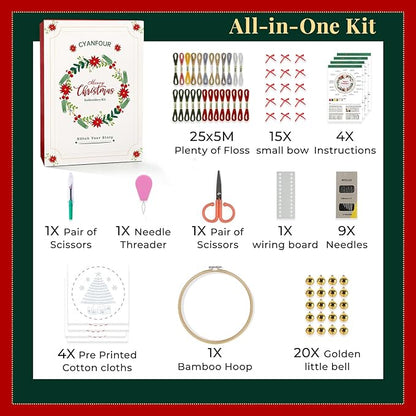 CYANFOUR 4 Pack Christmas Embroidery Kit for Beginners, with Step-by-Step Instructions and Clear Videos, Includes Multiple Accessories, Gift for Craft Lovers.