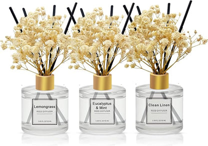 POWSHELF Reed Diffuser Set of 3 Pack,50ML Clean Linen Lemongrass Eucalyptus & Mint Scented Oil Diffuser with 5 Sticks,Home Fragrance Reed Diffuser for Bedroom Bathroom Office