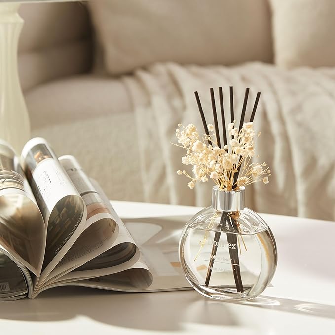 Donurex Flower Reed Diffuser Set 5.07oz Olive Flower Scent Diffuser with Sticks Home Fragrance Reed Diffuser for Bathroom Shelf Decor