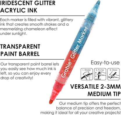 Grabie 16 Metallic Colors Dual Tip Glitter Markers, Glitter Metallic Shimmer Marker Set of 8, Acrylic Paint Pens for Rock Painting, Black Paper, Wood, Canvas, Stone, Glass, Ceramic, DIY Crafts Making