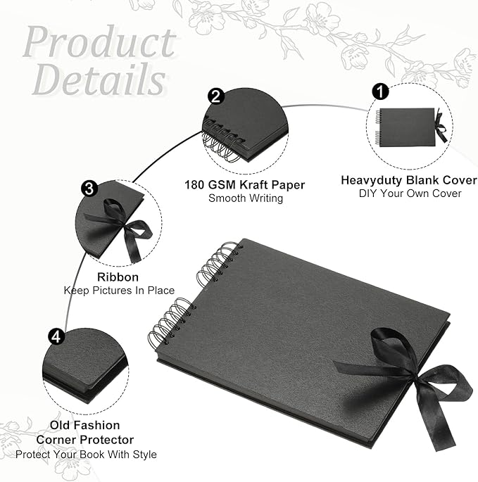 PATIKIL Scrapbook Photo Albums, 8x12 Inch 80 Pages Hardcover Scrapbooking Book DIY Album Supplies Kit with Sticker Ribbon for Gift Journal Memory Book Wedding Anniversary, Black, 2 Pcs