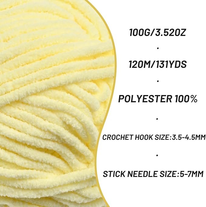3 Pack Plush Chunky Chenille Yarn for Crocheting, Soft Fluffy Velvet Yarn for Crocheting, Fuzzy Baby Blanket Knitting Yarn, 300g/393yds Bulky Amigurumi Yarns（3 Lemon Yellow）