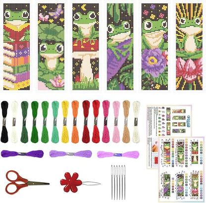 ORIGACH 6 Set Frog Cross Stitch Bookmark Kit for Beginner with Backing Felt Floss Instructions DIY Stamped Embroidery Bookmark Kit for Adults, Book Lovers
