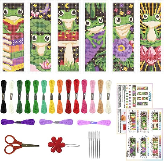 ORIGACH 6 Set Frog Cross Stitch Bookmark Kit for Beginner with Backing Felt Floss Instructions DIY Stamped Embroidery Bookmark Kit for Adults, Book Lovers