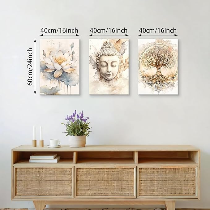 WENGTIAO 3Pcs Zen Canvas Wall Art Prints Beige Tree of Life Wall Paintings Buddha Lotus Pictures Posters Religious Spiritual Meditation Room Decor for Living Room Bedroom Spa Office 16x24x3Pcs