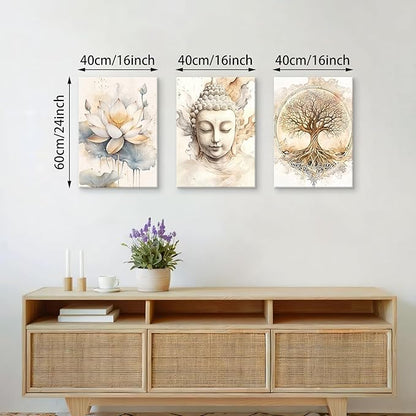 WENGTIAO 3Pcs Zen Canvas Wall Art Prints Beige Tree of Life Wall Paintings Buddha Lotus Pictures Posters Religious Spiritual Meditation Room Decor for Living Room Bedroom Spa Office 16x24x3Pcs