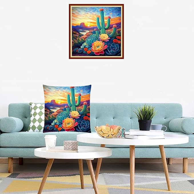 Lovxvouy Pillow Cross Stitch Kits for Adults Beginners-Preprinted Needlepoint Kit Stamped Crossstitching Kits 11CT Cross-Stitch Kit Stitches Kit Embroidery Kits-Flower Cactus 18x18 inchs