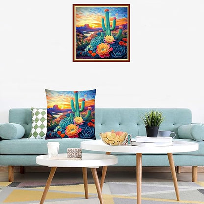 Lovxvouy Pillow Cross Stitch Kits for Adults Beginners-Preprinted Needlepoint Kit Stamped Crossstitching Kits 11CT Cross-Stitch Kit Stitches Kit Embroidery Kits-Flower Cactus 18x18 inchs