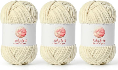3 Pack Beige Chunky Chenille Yarn for Crocheting, Bulky Velvet Yarns for Crochet, Baby Yarn for Crocheting Soft Blanket, 393 yds/10.5 oz Fluffy Amigurumi Crochet Yarn
