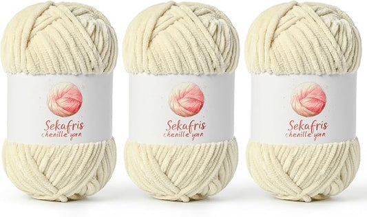 3 Pack Beige Chunky Chenille Yarn for Crocheting, Bulky Velvet Yarns for Crochet, Baby Yarn for Crocheting Soft Blanket, 393 yds/10.5 oz Fluffy Amigurumi Crochet Yarn