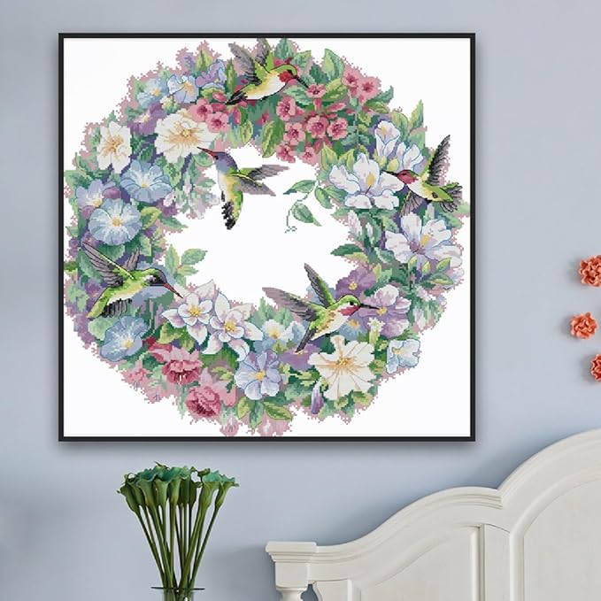Qeerysew Cross Stitch Kits Stamped Full Range of Embroidery Starter Kits for Beginners DIY -Printed Kit The Art of Hummingbirds(2) 14CT 20×20inches