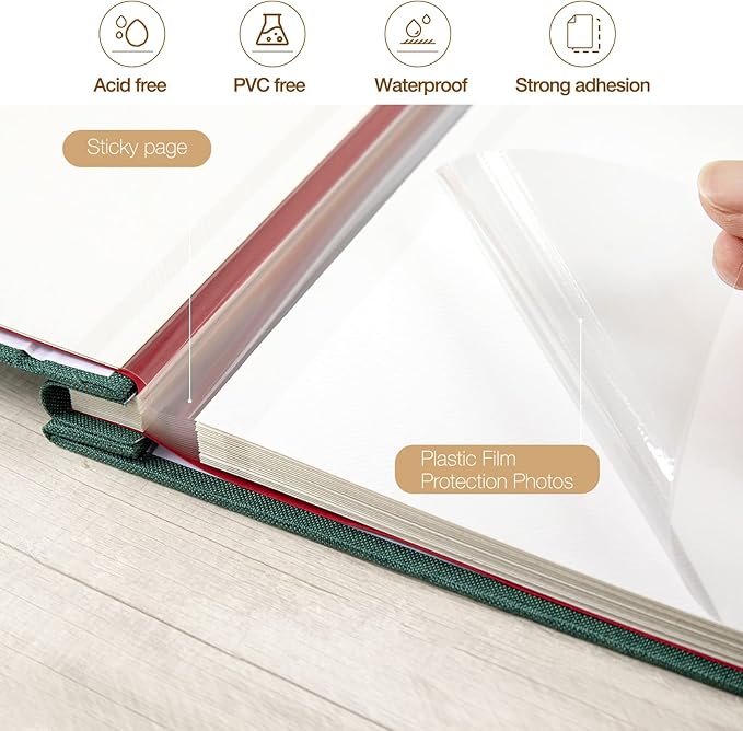 potricher Large Photo Album Self Adhesive 4x6 5x7 8x10 Pictures Linen Cover 80 Blank Pages Magnetic DIY Scrapbook Albums with A Metallic Pen (Dark Green)