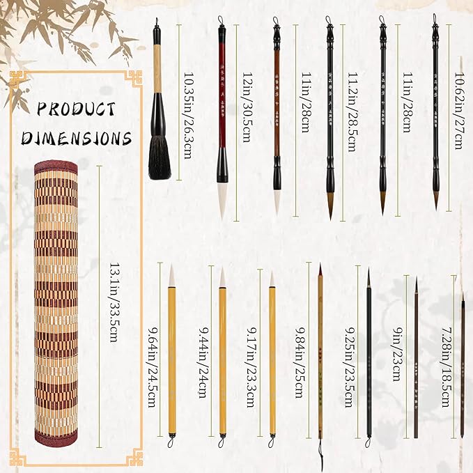Corciosy 13PCS Chinese Calligraphy Brush Set, Writing Brush with Bamboo Storage Scoll, Japanese or Chinese Kanji Sumi-E Drawing Watercolor Brush