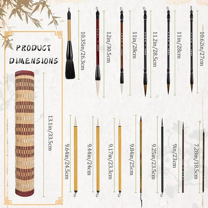 Corciosy 13PCS Chinese Calligraphy Brush Set, Writing Brush with Bamboo Storage Scoll, Japanese or Chinese Kanji Sumi-E Drawing Watercolor Brush