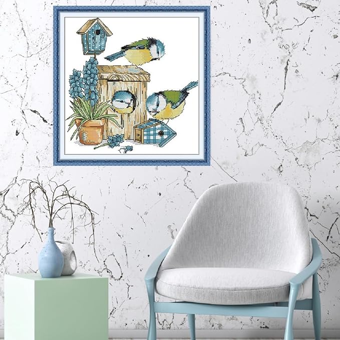 Qeerysew Cross Stitch Kits Stamped Full Range of Embroidery Starter Kits for Beginners DIY - Printed Kit Mockingbird House (Printed) 14CT11.4x11.8 inches