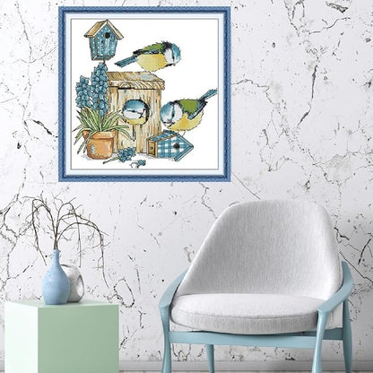 Qeerysew Cross Stitch Kits Stamped Full Range of Embroidery Starter Kits for Beginners DIY - Printed Kit Mockingbird House (Printed) 14CT11.4x11.8 inches