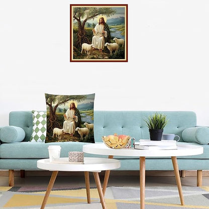 Lovxvouy Pillow Cross Stitch Kits for Adults Beginners-Preprinted Needlepoint Kit Stamped Crossstitching Kits 11CT Cross-Stitch Kit Stitches Kit Embroidery Kits-Jesus Shepherd 18x18 inchs