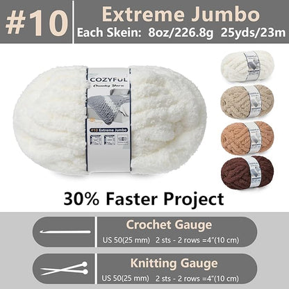 Chunky Yarn for Hand Knitting - #10 Chunky Chenille Yarn, Jumbo Big Thick Chunky Yarns for Crocheting, Super Bulky Chunky Knit Blanket Yarns, 8 Skein (25yd, 8oz/Skein), Cream & Multi Coffee