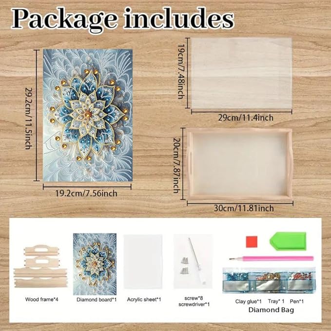 DoxQcs DIY Diamond Art Wooden Food Tray with Handle Diamond Painted Table Decoration Tray for Breakfast Bar Dinner Table Diamonds Art Painting for Beginners-Mandala