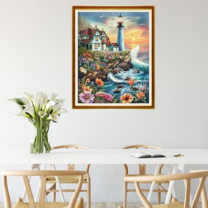 Joycasa Stamped Cross Stitch Kits for Beginners Full Range of Cross Stitching 11 CT Printed Cross Stitch Kit for Adults Cross-Stitch Patterns Needlepoint Kits- Seaside Lighthouse 16x20 inch